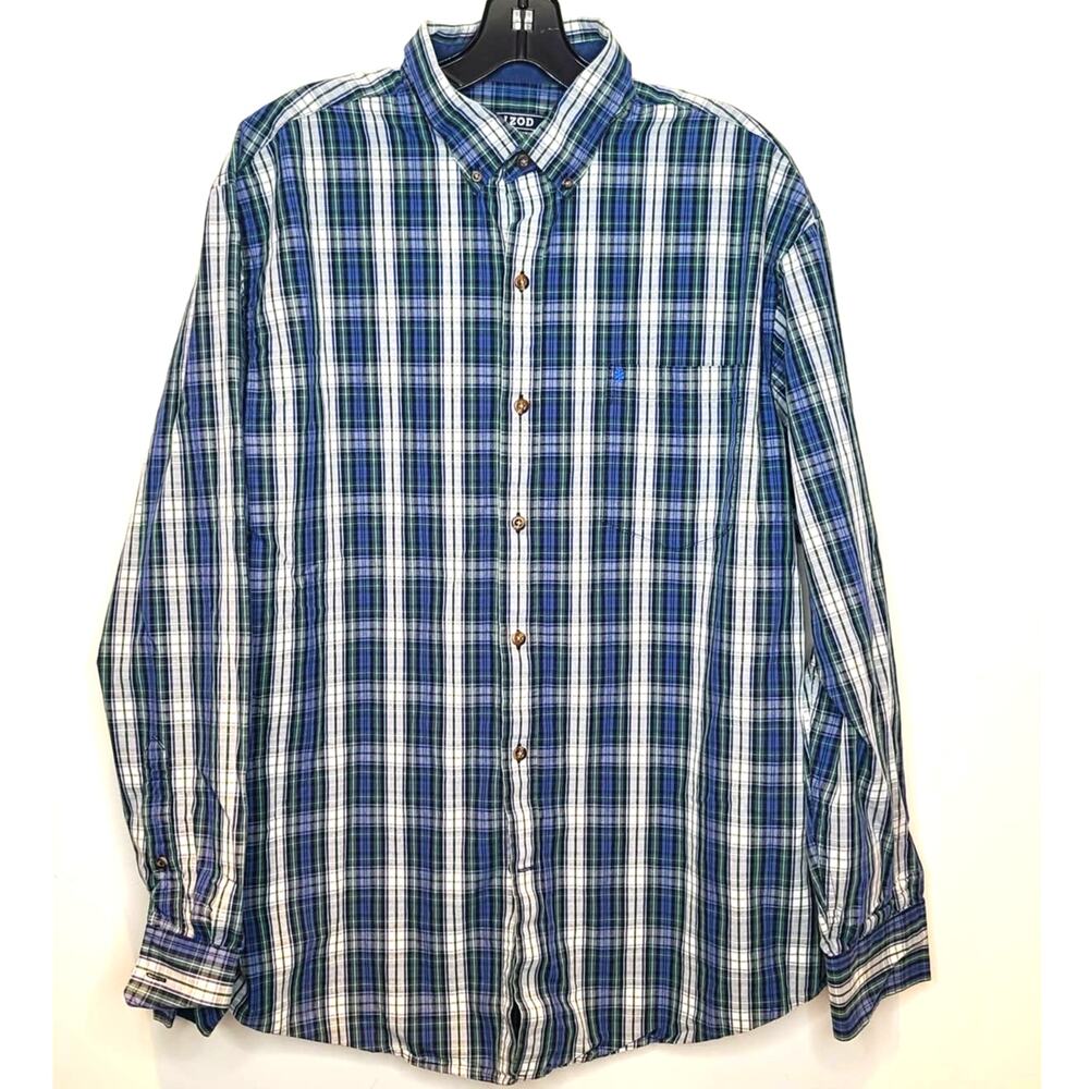 Izod blue green plaid long sleeve button down shirt - large